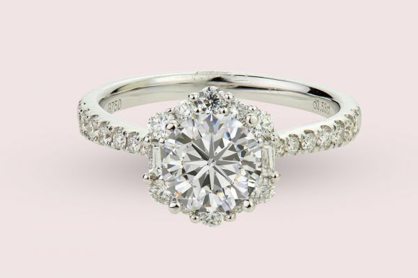 18kt White Gold Fancy Round Halo Engagement Ring with Baguettes